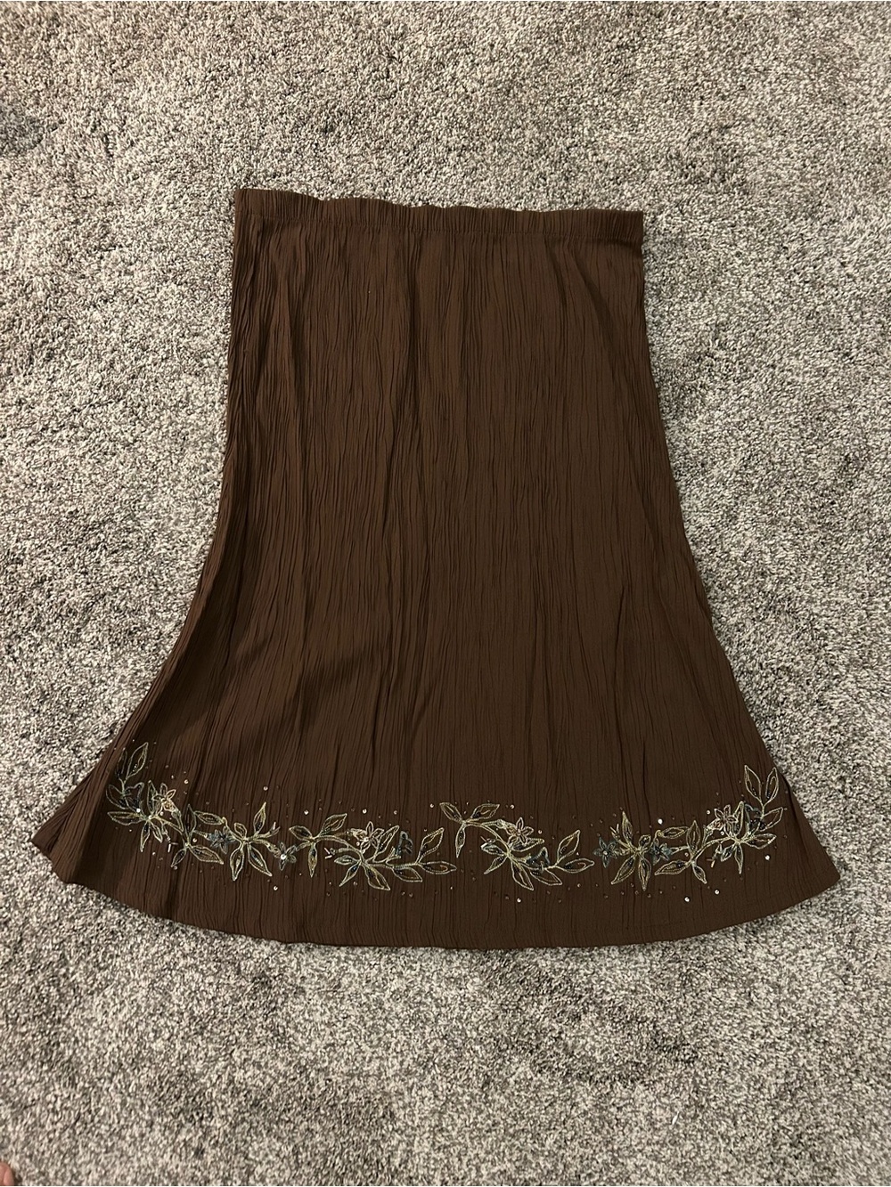 Fairycore Brown Floral Hem A-Line Skirt with Green and Gold Embellishment